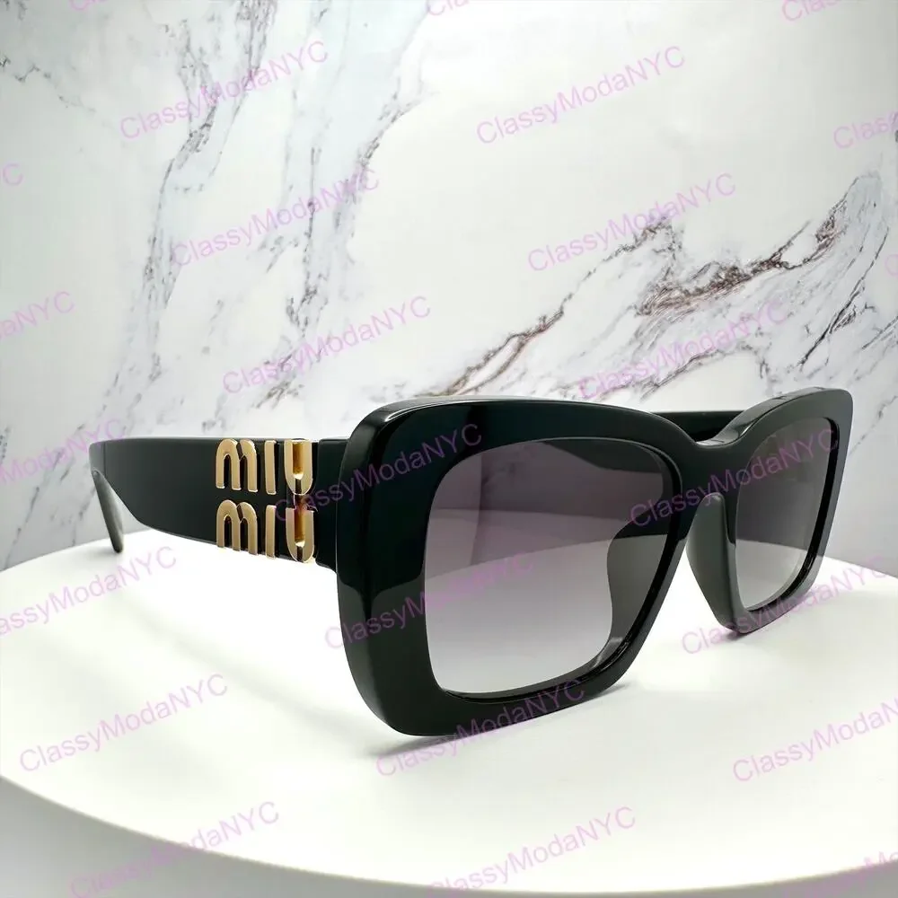 New MIU MIU Sunglasses Black Square Acetate Gold Metal Logo Italy Authentic